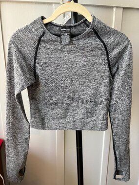 Pink Active Seamless Long Sleeve Crop Top, Gray Heather, Women's S
